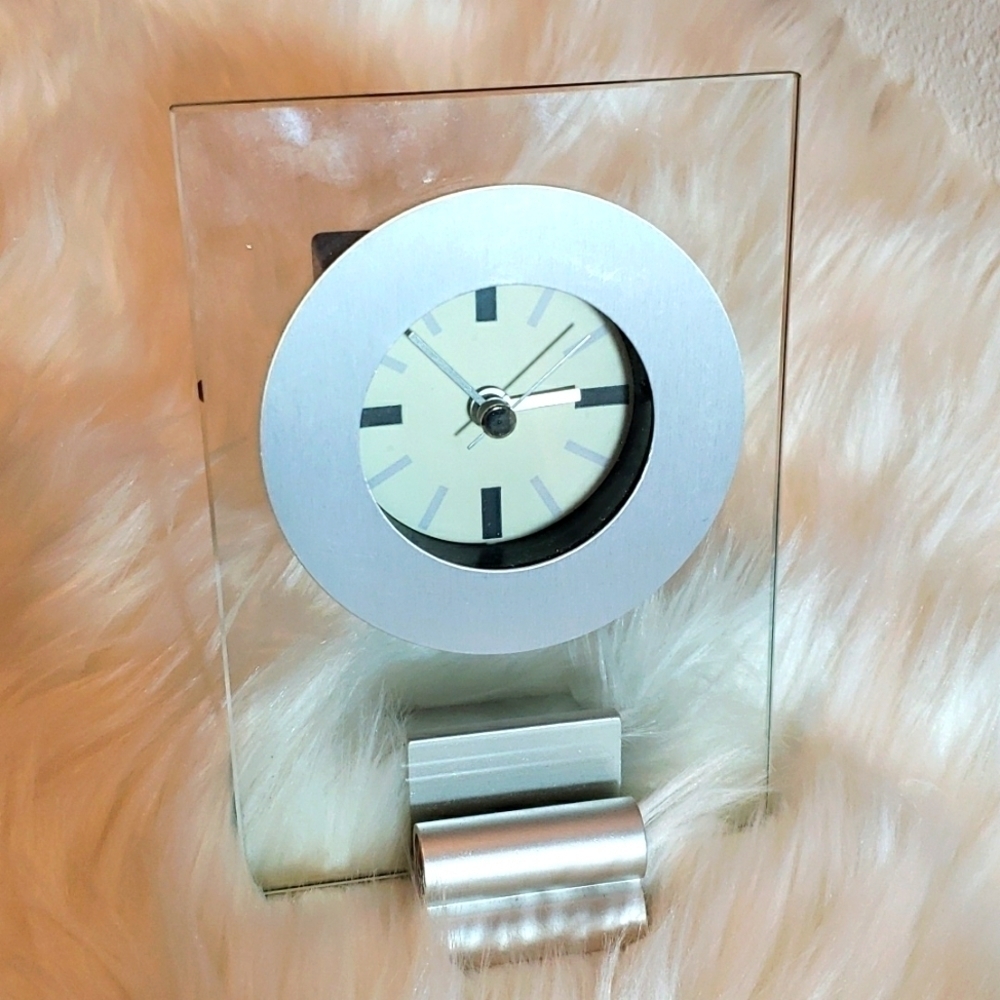 glass Silver-Tone Desktop Clock. Art Deco Inspired.